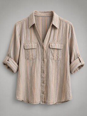 Jaclyn Smith Linen Blend Striped Beige Shirt Size M PTP18
